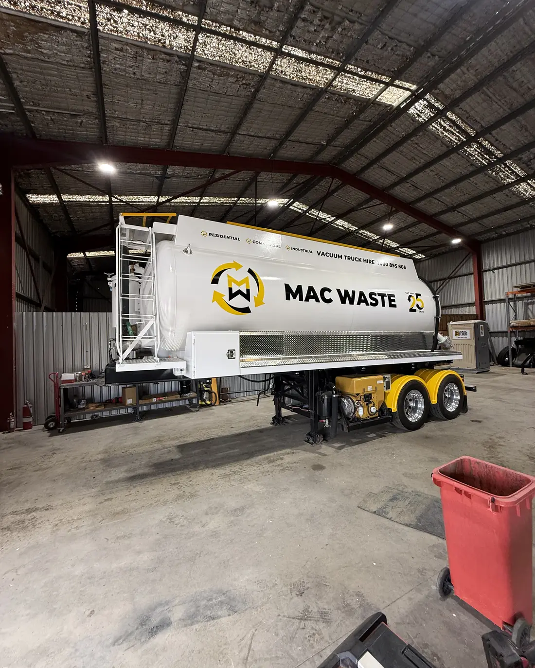 Mac Waste vacuum tanker and trailer in the Maffra depot shed