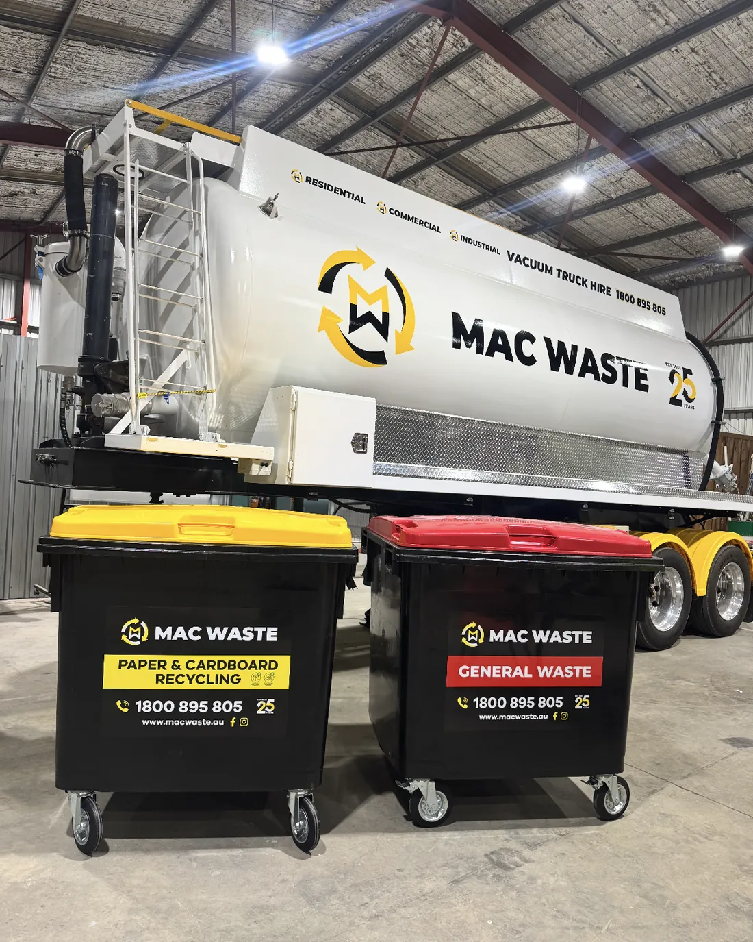Mac Waste general waste and paper and cardboard recycling bins beside a vacuum tanker at the depot